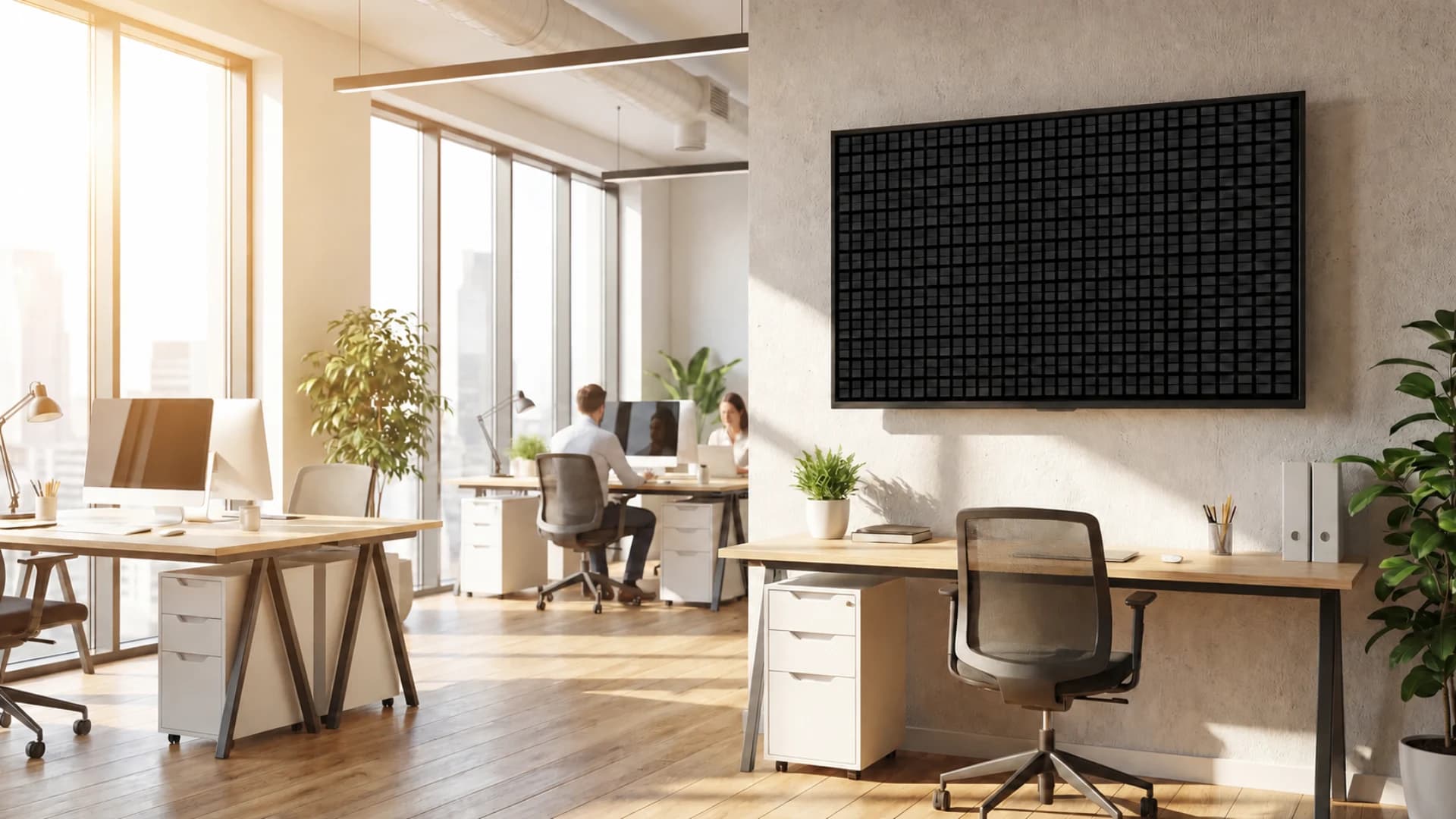 Modern office with a wall-mounted TV displaying a split-flap board