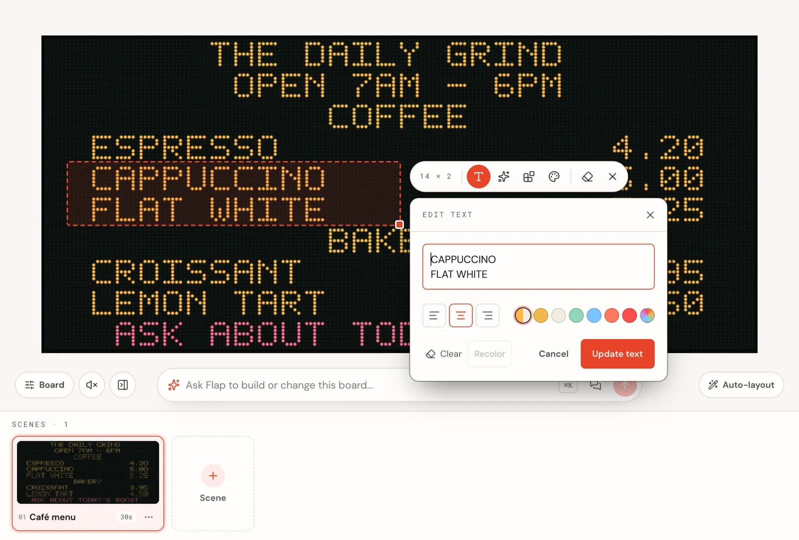 The flaps.tv editor with two menu rows selected and a text panel open beside them