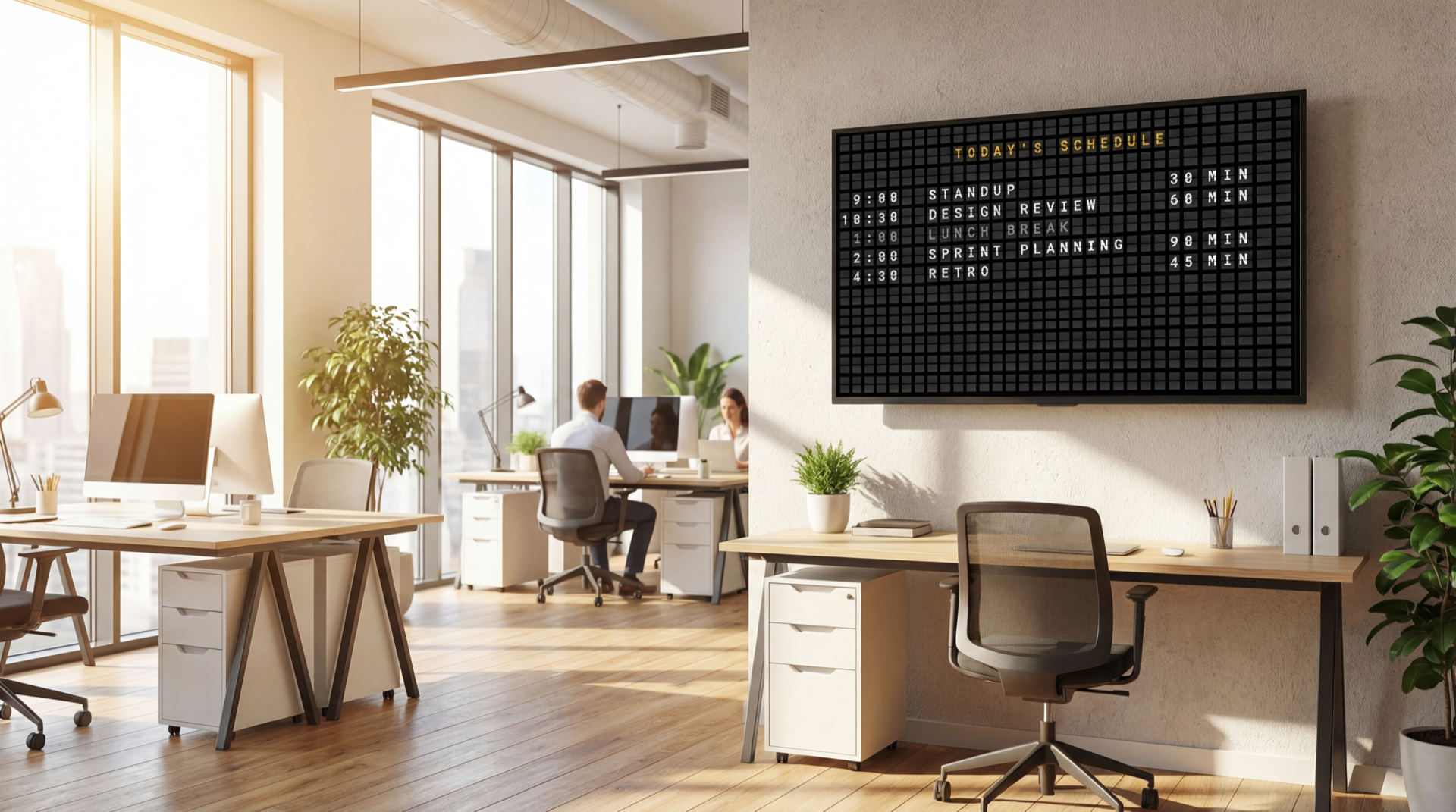 Modern office with a wall-mounted TV displaying a split-flap board